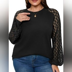ZOMVA Womens Plus Size 1X Black Waffle Knit Lace Long Sleeve Blouse Fashion Top
